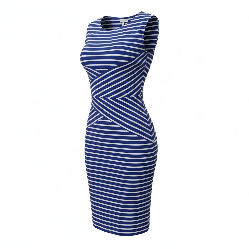 Womens Royal Blue White Striped Sleeveless Bodycon Midi Formal Glam Dress Medium